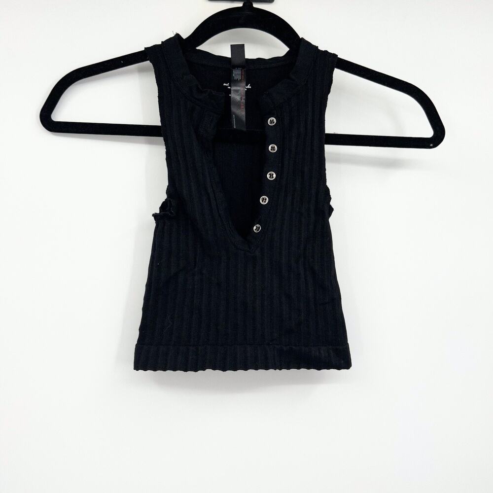 Out From Under for Urban Outfitters Black Ribbed Stretch Crop Henley Tank XS/S